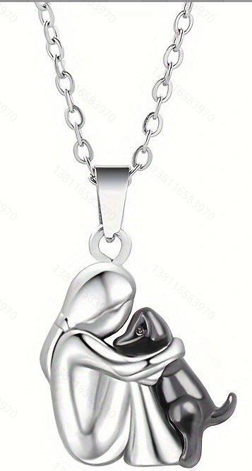 A little girl and a dog embrace earrings