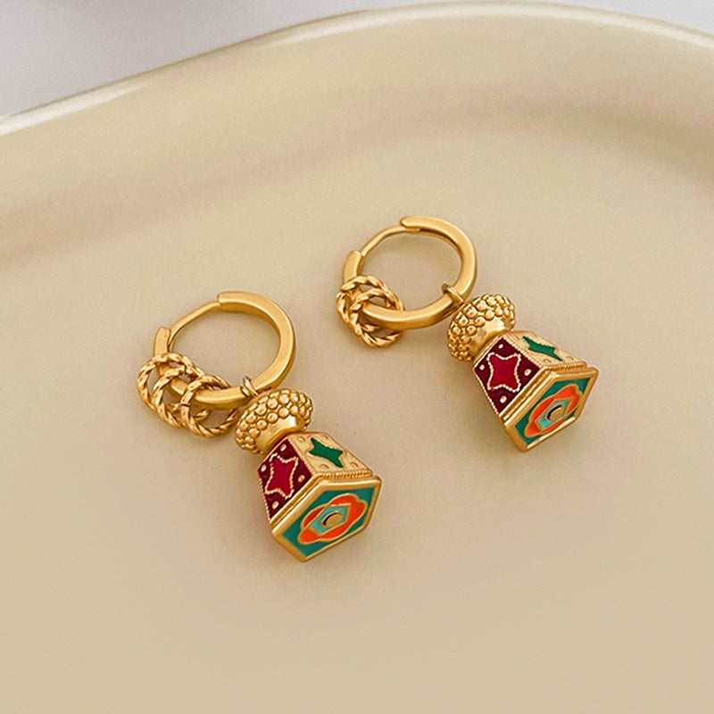 Chinese-Style Retro Enamel Oil-Drip Earrings for Women, Unique Design, Elegant and Chic, Luxury High-End Vintage Jewelry